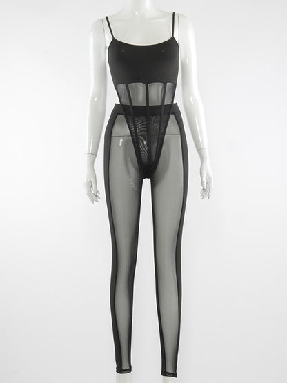 Hollowed Split-Joint Mesh Bodysuits&Leggings Sports Suits