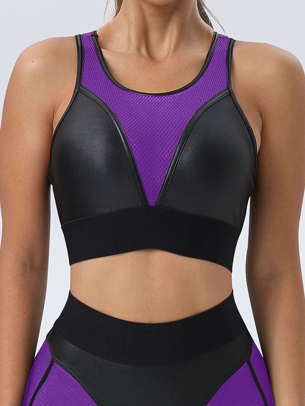 Skinny Wrap Contrast Color Spaghetti-Neck Sports Bra&Leggings Suits