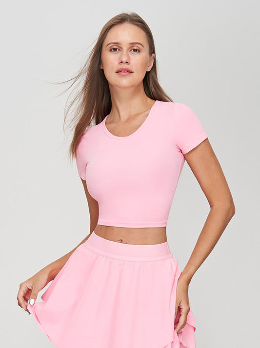 False Two Solid Color Round-Neck Yoga Tops&Skirts