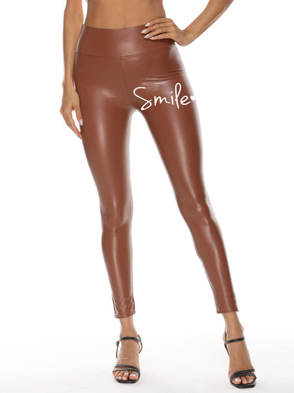 Letter Print High Waisted Leather Leggings