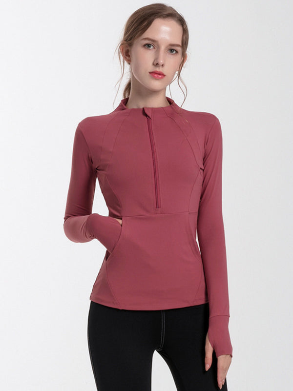 Long Sleeves Skinny Pockets Solid Color Zipper Yoga Tops