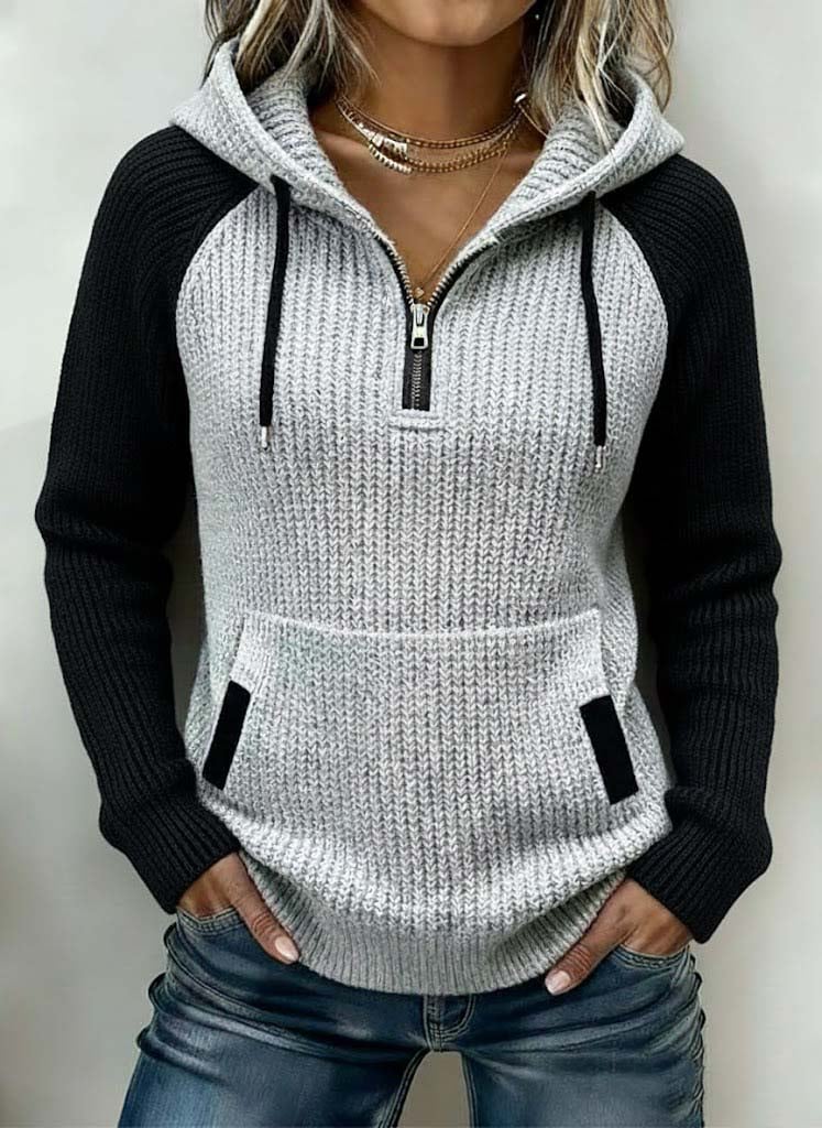 Women's Casual Knitted Color-Blocked Zip Hooded Pullover Sweater