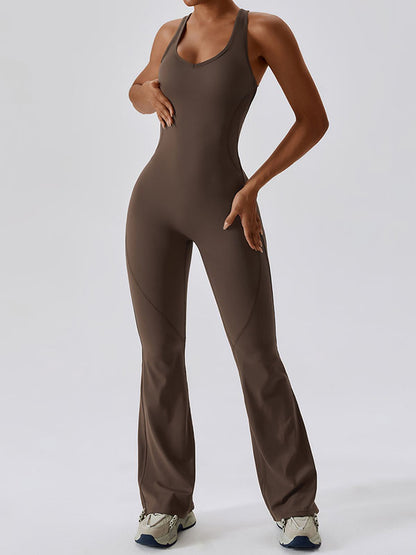 Skinny Wrap Backless Solid Color U-Neck Jumpsuits