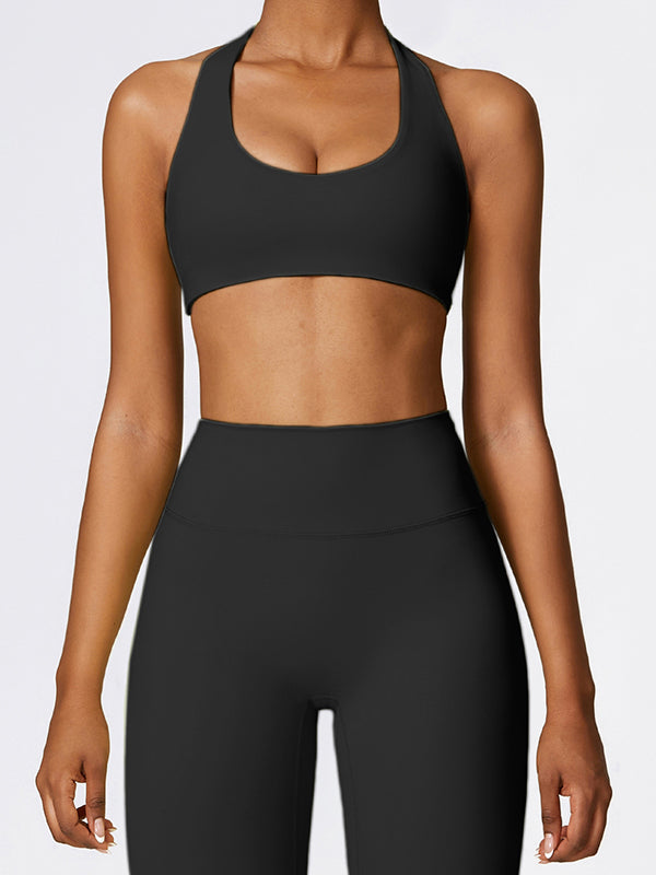 Skinny Wrap Hollow Solid Color Spaghetti-Neck Sports Bra