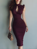 Elegant Keyhole Collar Hip Midi Dress With Lace