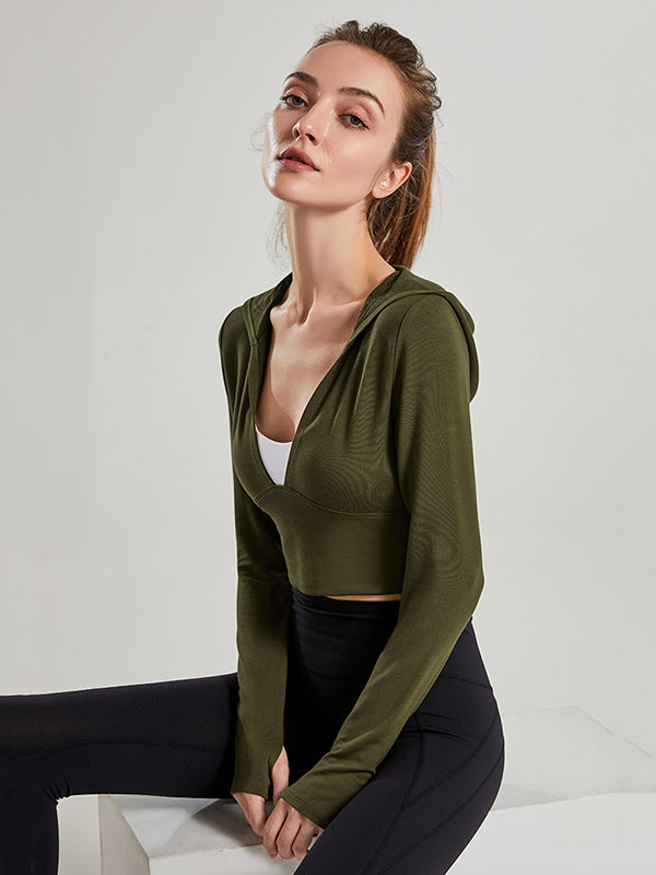 Cropped Long Sleeves Hooded Solid Color Split-Joint U-Neck Yoga Tops