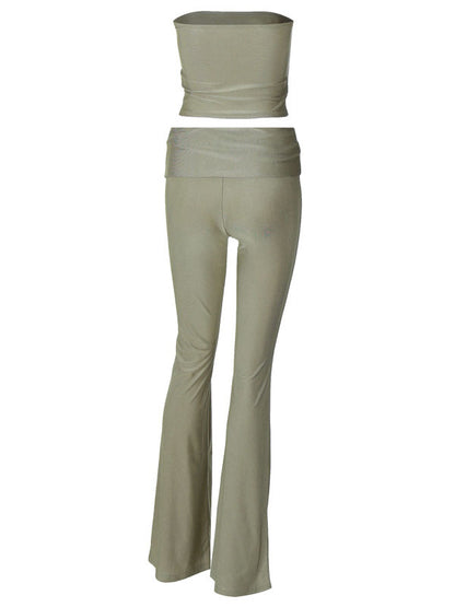 Skinny Sleeveless Solid Color Tube Tank&Flared Trousers Suits