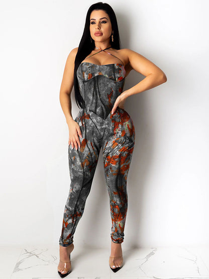 Denim Graffiti Print Lace Up Open Back Gym Jumpsuits