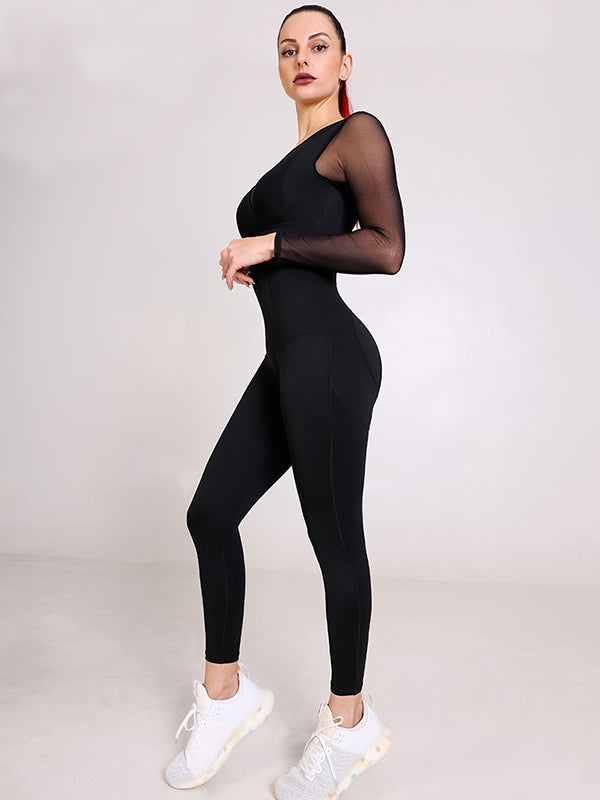 Skinny Wrap Mesh Solid Color Split-Joint V-Neck Jumpsuits