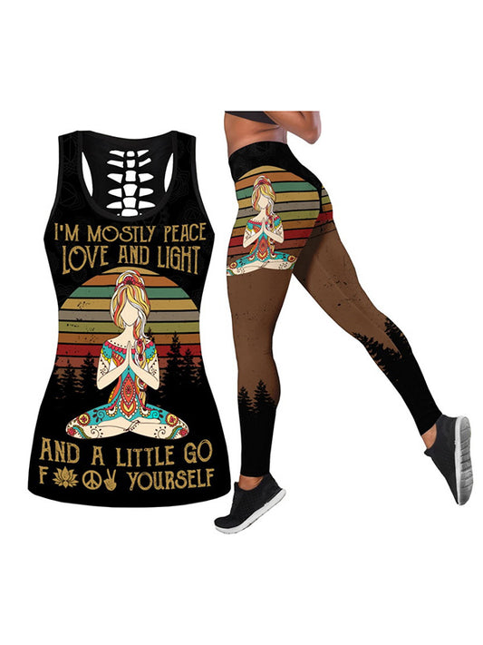 Yoga-Girl-Printed Hollowed Vest&Leggings Sports Suits