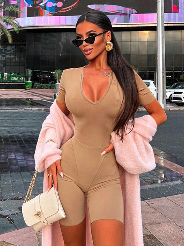 Skinny Wrap Solid Color Deep V-Neck Rompers