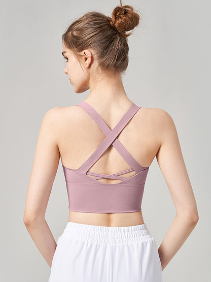 Skinny Wrap Yoga Tops Back Cross Hollow Solid Color Spaghetti-Neck Bra