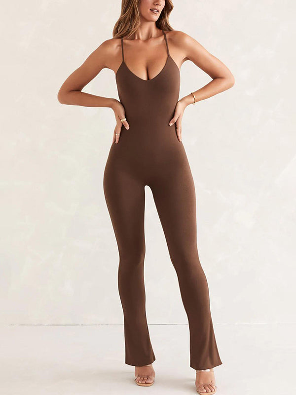 Back Cross Hollow Solid Color Split-Side Spaghetti-Neck Jumpsuits