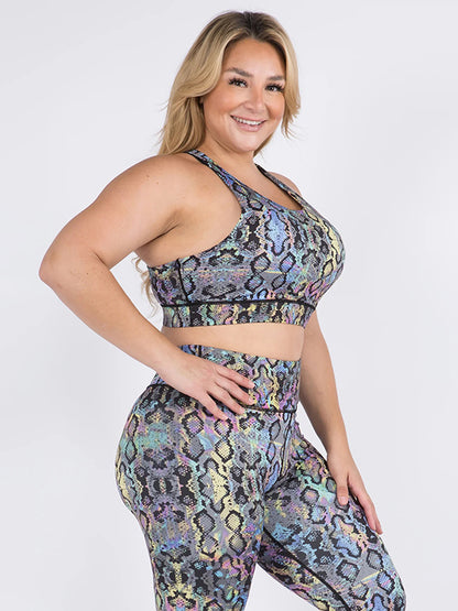 Plus Size High-Waisted Hollow Snakeskin Printed Spaghetti-Neck Bra&Leggings Suits