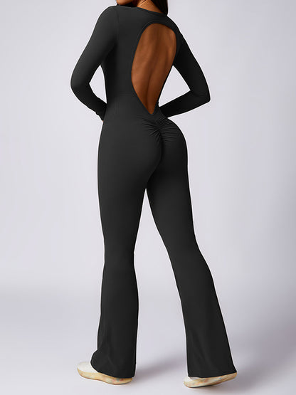 Flared Pants Backless Pleated Solid Color Round-Neck Jumpsuits