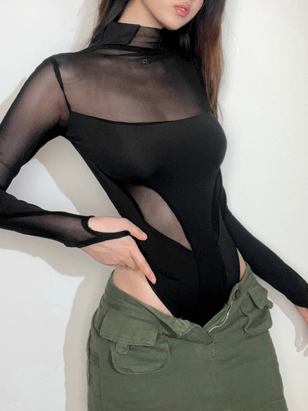 Long Sleeves Skinny Mesh Solid Color Split-Joint High-Neck Bodysuits