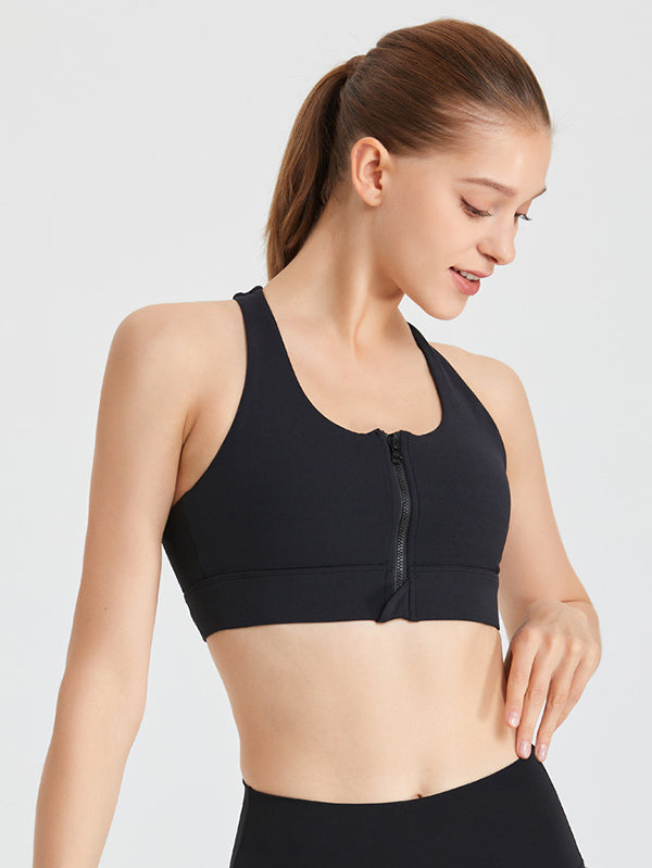 Skinny Wrap Solid Color Zipper Spaghetti-Neck Sports Bra