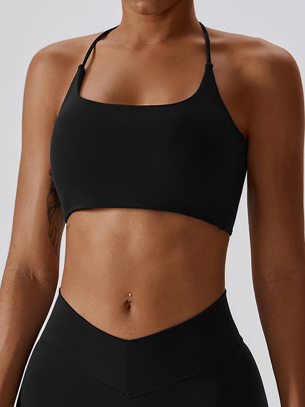 Back Cross Hollow Solid Color Spaghetti-Neck Sports Bra