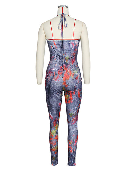 Denim Graffiti Print Lace Up Open Back Gym Jumpsuits