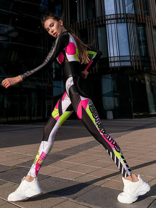 Sports Contrast Color Zipper Long Sleeve Tight Jumpsuit