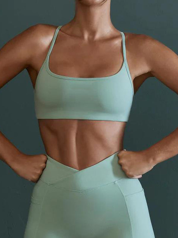 Skinny Wrap Hollow Yoga Tops Solid Color Spaghetti-Neck Bra