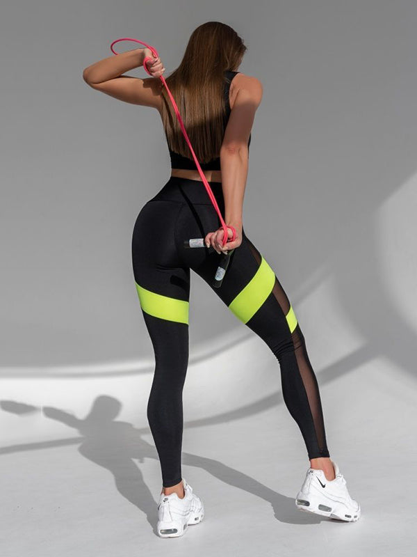 Color-Block High-Waisted Split-Joint Spaghetti-Neck Sports Bra&Leggings Suits