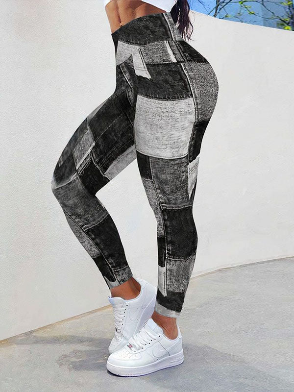 Skinny Contrast Color High-Waisted Plaid Printed Leggings