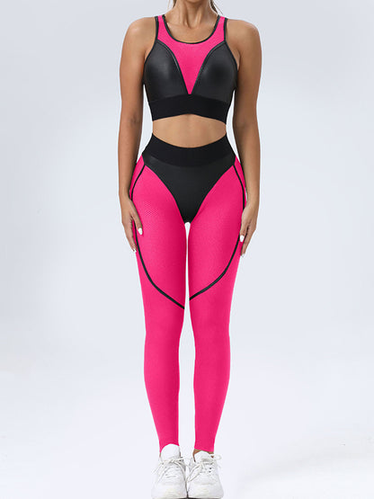 Skinny Wrap Contrast Color Spaghetti-Neck Sports Bra&Leggings Suits