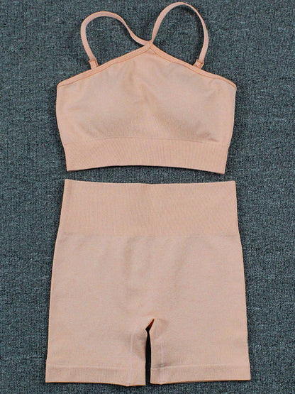 Solid Color Cross Strap Bra&Shorts Suits