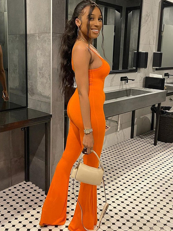 Skinny Wrap Solid Color Spaghetti-Neck Jumpsuits