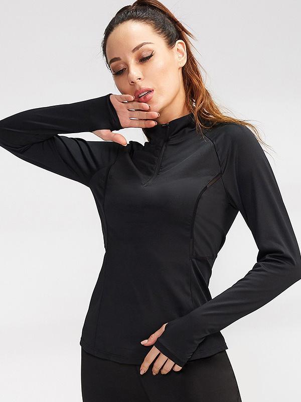 Long Sleeves Solid Color Zipper Sports Tees