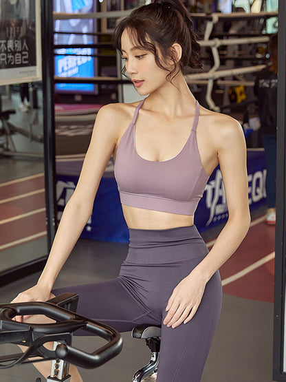 Skinny Wrap Hollow Solid Color Split-Joint Spaghetti-Neck Sports Bra