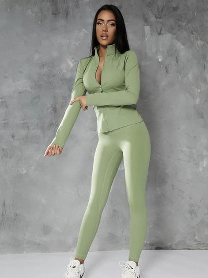 Solid Color Zipper Collar Jackets&Leggings Breathable Sport Suits