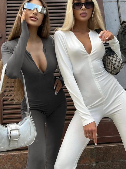 Skinny Wrap Solid Color Zipper Round-Neck Jumpsuits