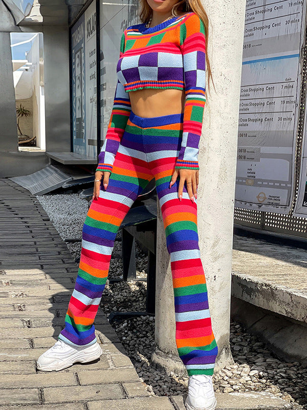 Cropped Long Sleeves Multi-Colored Round-Neck Suits