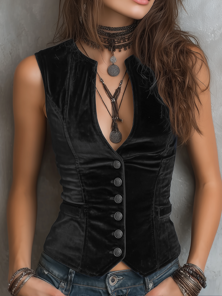 Vintage Round V-Neck Velvet Vest