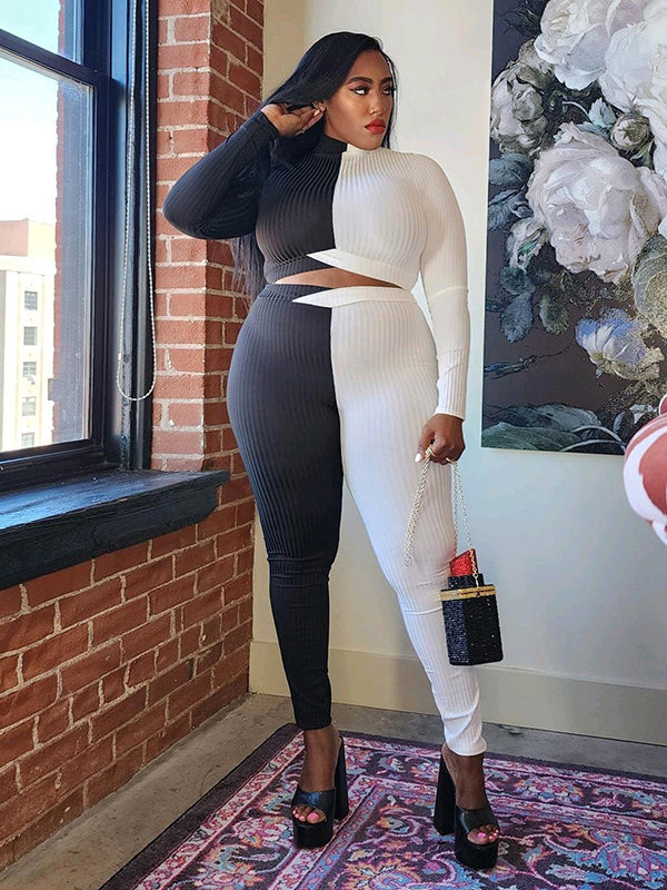 Plus Size Long Sleeves Skinny Color-Block High-Neck Suits