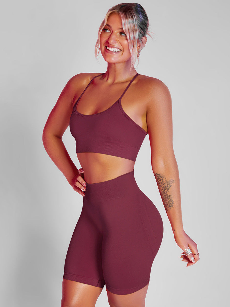 Solid Color Back Crossover Bra & Leggings Sports Suits