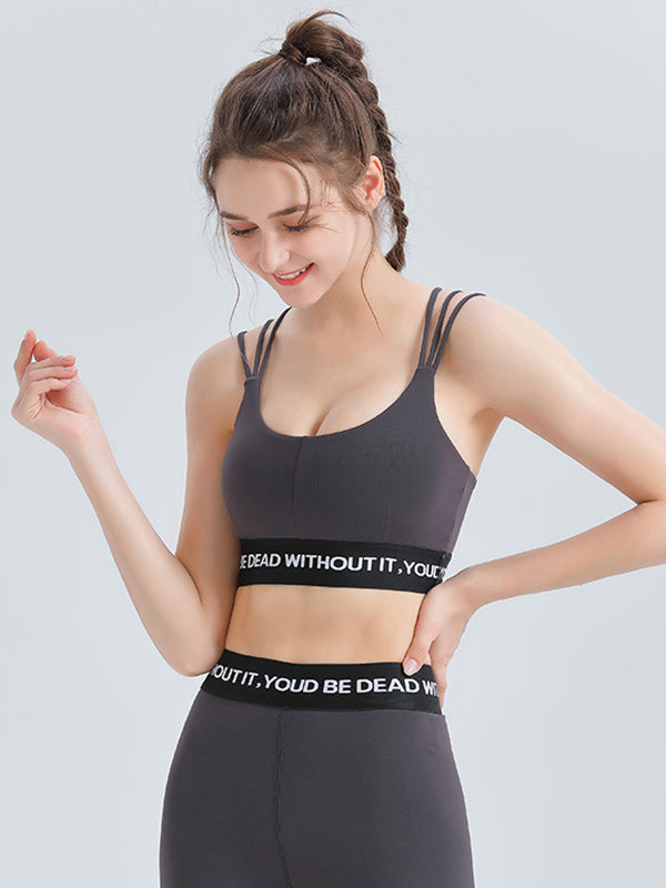 Wrap Back Cross Hollow Letter Print U-Neck Sports Bra