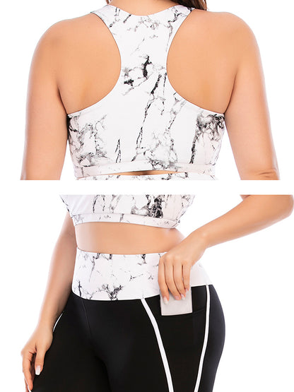 Plus Size Color-Block High-Waisted Hollow Printed Spaghetti-Neck Bra&Leggings Suits