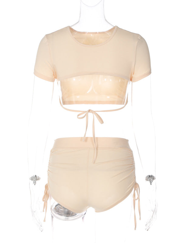 Cropped Bandage Hollow Solid Color Round-Neck Tee&Shorts Suits