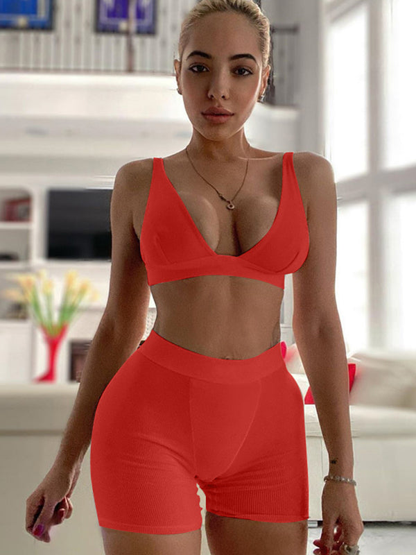 Solid Color Skinny Wrap Hollow Deep V-Neck Bra&Shorts Suits