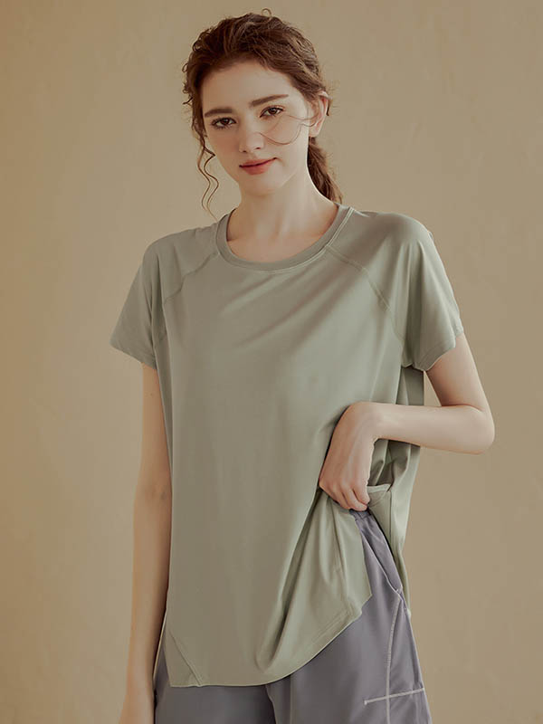 Loose Short Sleeves Solid Color Split-Side Round-Neck Yoga Tops