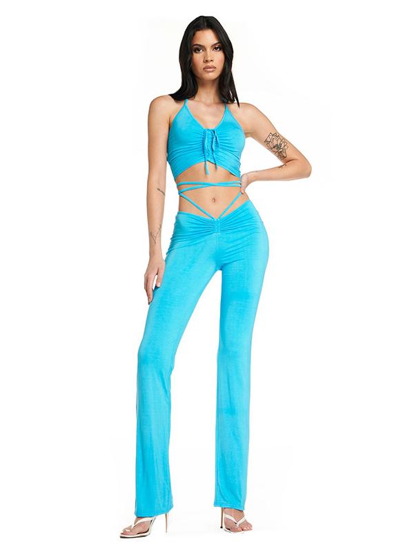 Solid Color Drawstring Spaghetti-Neck Exposed Navel