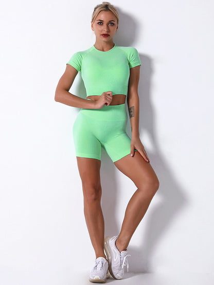 Solid Color Short Sleeve Slim High-Waisted Shorts Yoga Suit