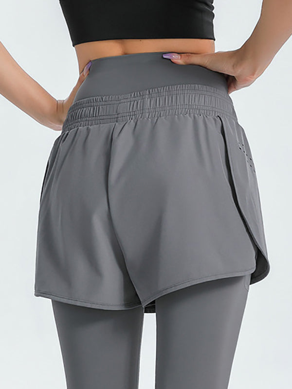 False Two Wrap High-Waisted Solid Color Sports Shorts&Leggings