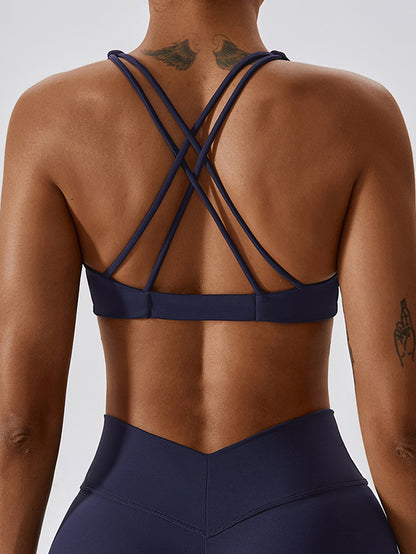 Wrap Back Cross Hollow Solid Color V-Neck Sports Bra