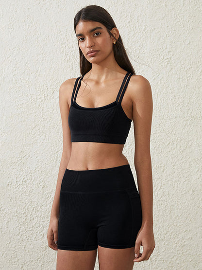 Skinny Wrap Hollow Solid Color Spaghetti-Neck Sports Bra&Shorts Suits