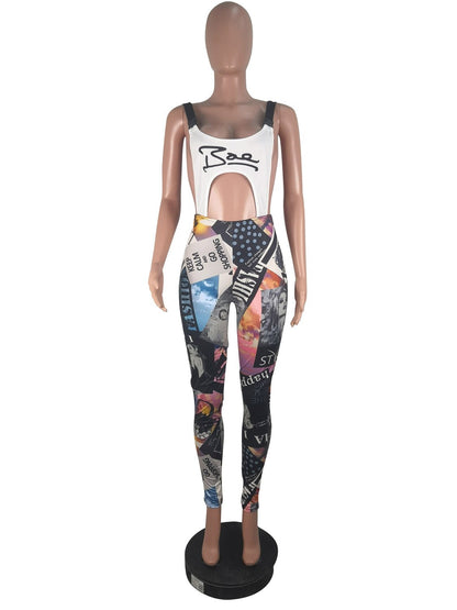 Sexy Cutout Printed Graffiti Backless Jumpsuits