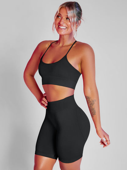 Solid Color Back Crossover Bra & Leggings Sports Suits